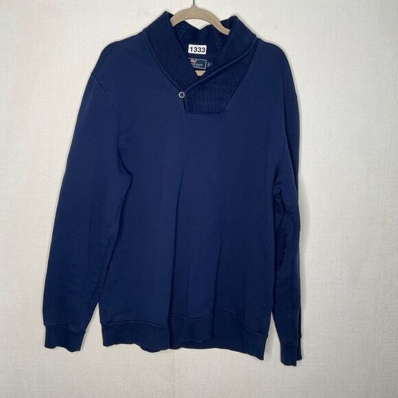 Vineyard Vines Mens Large Pullover Sweater Blue Shawl Collar Elbow Patch Cotton - Picture 3 of 8